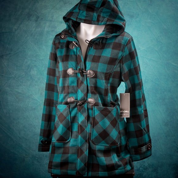 NWT Chill | Black & Peacock Buffalo Check Fleece Toggle Accent Jacket - LARGE - Picture 5 of 10